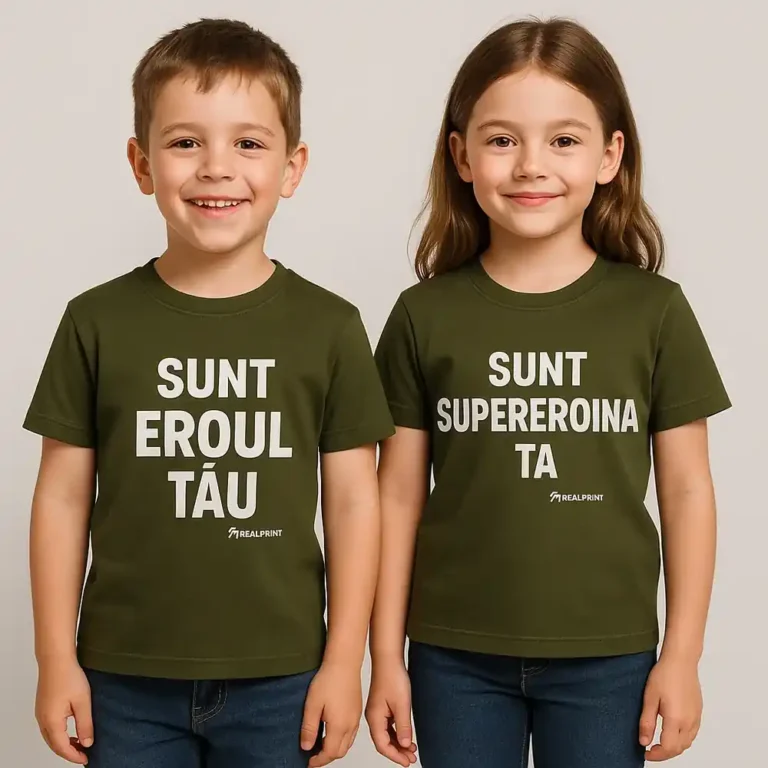Tricouri copii personalizate militar cu mesaje 'Sunt eroul tău' și 'Sunt supereroina ta', imprimeu alb transfer termic iRealPrint – rezistență, curaj și identitate vizuală