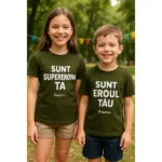 Tricouri copii personalizate militar cu mesaje 'Sunt supereroina ta' și 'Sunt eroul tău', imprimeu transfer termic iRealPrint – stil puternic, curaj și apartenență vizuală