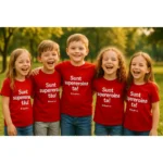 Tricou copii personalizat roșu, purtat de grup de prieteni, mesaj alb „Sunt supereroul tău / Sunt supereroina ta!”, fundal natură, atmosferă veselă, brand iRealPrint.