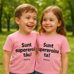 Tricou copii personalizat roz, purtat de frate și soră, mesaj „Sunt supereroul tău / Sunt supereroina ta”, fotografie lifestyle natură