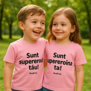 Tricou copii personalizat roz, purtat de frate și soră, mesaj „Sunt supereroul tău / Sunt supereroina ta”, fotografie lifestyle natură