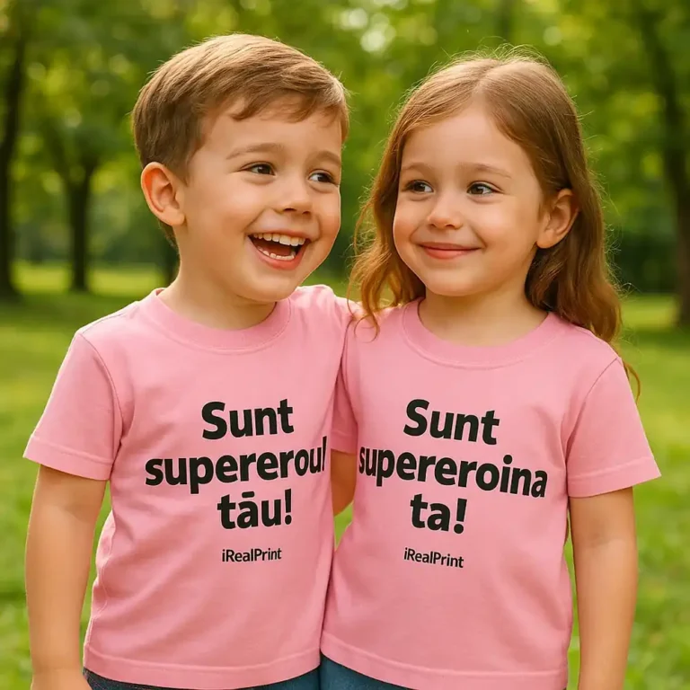 Tricou copii personalizat roz, purtat de frate și soră, mesaj „Sunt supereroul tău / Sunt supereroina ta”, fotografie lifestyle natură