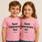 Tricou copii personalizat roz, purtat de frate și soră, mesaj „Sunt supereroul tău / Sunt supereroina ta”, fotografie studio iRealPrint