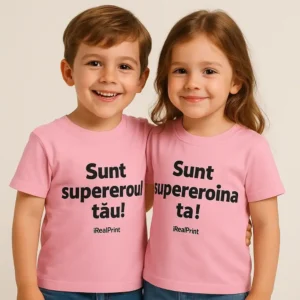 Tricou copii personalizat roz, purtat de frate și soră, mesaj „Sunt supereroul tău / Sunt supereroina ta”, fotografie studio iRealPrint