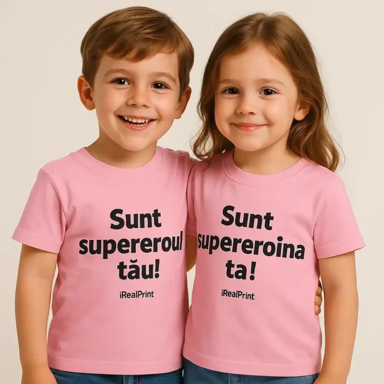 Tricou copii personalizat roz, purtat de frate și soră, mesaj „Sunt supereroul tău / Sunt supereroina ta”, fotografie studio iRealPrint