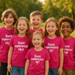 Grup de copii purtând tricouri personalizate roz zmeură cu mesaje „Sunt supereroul tău” și „Sunt supereroina ta”, fundal parc natural