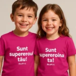 Băiat și fată purtând tricouri personalizate roz zmeură cu mesaje „Sunt supereroul tău” și „Sunt supereroina ta”, fundal alb studio