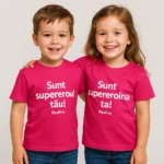 Băiat și fată purtând tricouri personalizate roz zmeură cu mesaje „Sunt supereroul tău” și „Sunt supereroina ta”, fundal alb curat