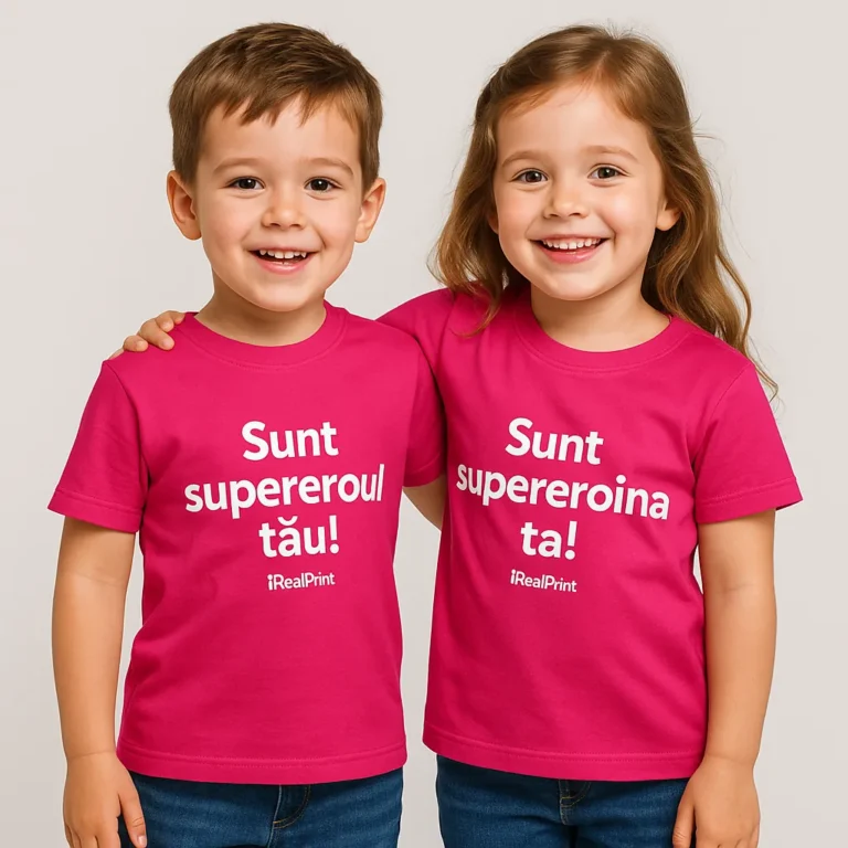 Băiat și fată purtând tricouri personalizate roz zmeură cu mesaje „Sunt supereroul tău” și „Sunt supereroina ta”, fundal alb curat
