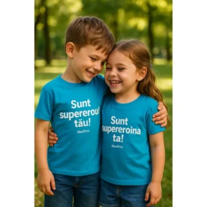 Băiat și fată purtând tricouri personalizate turcoaz cu mesaje „Sunt supereroul tău” și „Sunt supereroina ta”, fundal parc natural