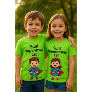Băiat și fată purtând tricouri personalizate verde măr cu mesaje „Sunt supereroul tău” și „Sunt supereroina ta”, fundal parc natural