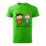 Tricou copii personalizat verde măr, imprimeu colorat cu desen doi copii zâmbitori, fundal alb