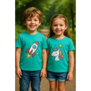 Băiat și fată purtând tricouri personalizate verde smarald cu imprimeuri colorate rachetă și unicorn, fundal natural parc