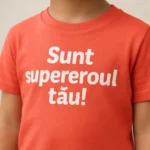 tricou coral personalizat copii – detaliu text „Sunt supereroul tău!”, imprimeu clar și durabil