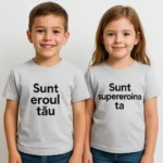 Tricou copii personalizat gri deschis iRealPrint – băiat și fată purtând mesaje Sunt eroul tău și Sunt supereroina ta, fundal alb, expresii zâmbitoare, design clar, personalizare contrastantă și stil echilibrat.