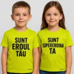 Tricouri copii personalizate lime cu mesaje 'Sunt eroul tău' și 'Sunt supereroina ta', imprimeu negru transfer termic iRealPrint – stil energic, vizibil și expresiv