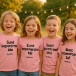Tricou copii personalizat roz, grup vesel la eveniment în aer liber, mesaj „Sunt supereroul / supereroina ta!”, fundal cu lumini calde, lifestyle iRealPrint