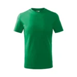 Tricou copii personalizat verde mediu, model simplu din bumbac, fundal alb, pregătit pentru imprimare transfer termic