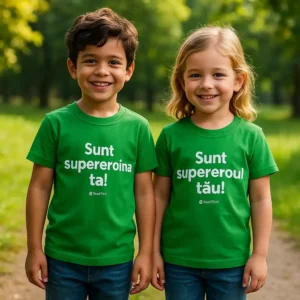Doi copii zâmbitori purtând tricouri personalizate verde mediu cu mesaj „Sunt supereroina ta / Sunt supereroul tău”, fundal natural parc
