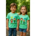 Băiat și fată purtând tricouri personalizate verde mentă cu imprimeu desen copilăresc colorat, fundal parc natural