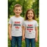 Tricou copii personalizat gri deschis iRealPrint – model unisex pentru băiat și fată, mesaj Sunt Eroul Tău și Sunt Supere eroina Ta, fundal natural, stil clar și elegant, ideal pentru personalizări vizibile și contrast vizual perfect.