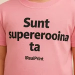 Tricou copii personalizat roz, detaliu close-up al personalizării cu mesajul „Sunt supereroina ta!”, imprimat prin transfer termic iRealPrint, text clar și contrast puternic.