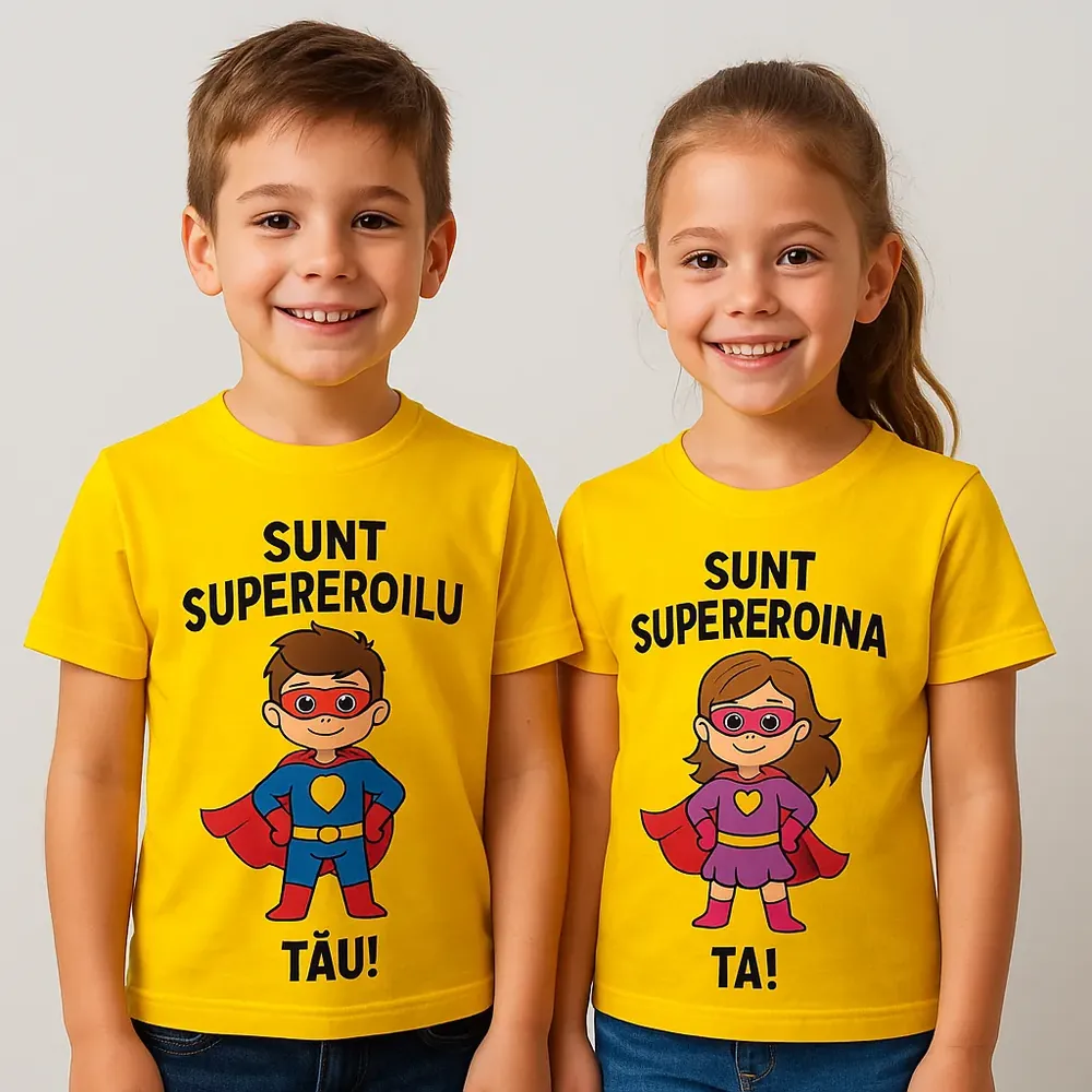 tricouri-copii-galben-personalizate-supereroi-veselie-energie Tricou copii personalizat galben iRealPrint – băiat și fată purtând tricouri cu mesaje Sunt supereroul tău și Sunt supereroina ta, fundal alb, culoare galben solar, design cu supereroi plin de energie și veselie.
