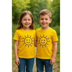 Tricou copii personalizat galben iRealPrint – băiat și fată purtând tricouri cu imprimeu soare zâmbitor, fundal natural verde, culoare galben intens, energie pozitivă și veselie autentică.