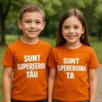 Tricouri copii personalizate portocaliu – frate și soră cu mesaj supererou, supereroina, fundal verde