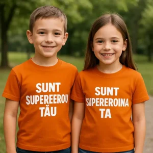 Tricouri copii personalizate portocaliu – frate și soră cu mesaj supererou, supereroina, fundal verde