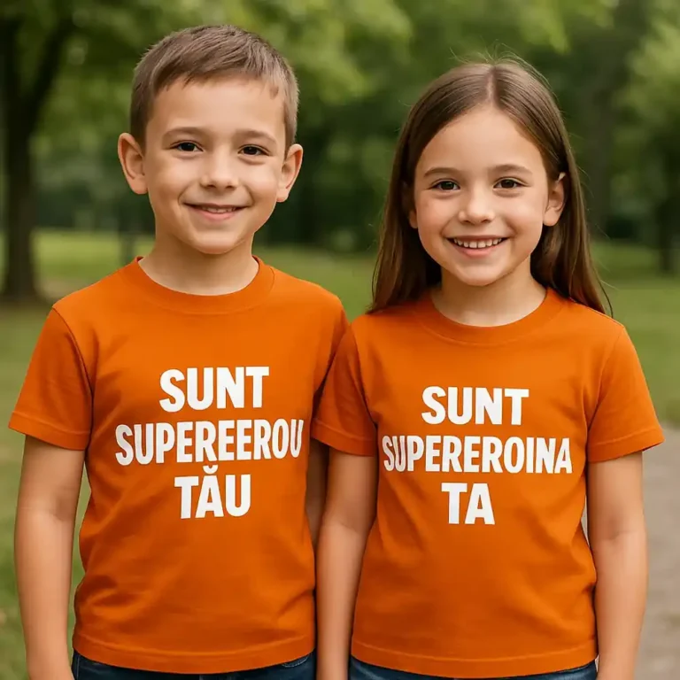 Tricouri copii personalizate portocaliu – frate și soră cu mesaj supererou, supereroina, fundal verde