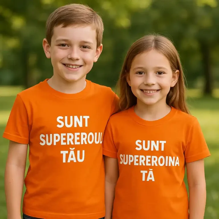 Tricouri portocalii copii personalizate – frate și soră cu mesaje supererou și supereroina, fundal natură