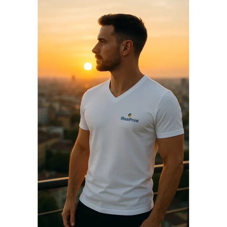 Bărbat purtând tricou alb cu anchior în V personalizat, apariție elegantă la apus în cadru urban