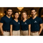 Grup purtând tricouri navy cu anchior în V personalizate, stil business casual și prezență elegantă