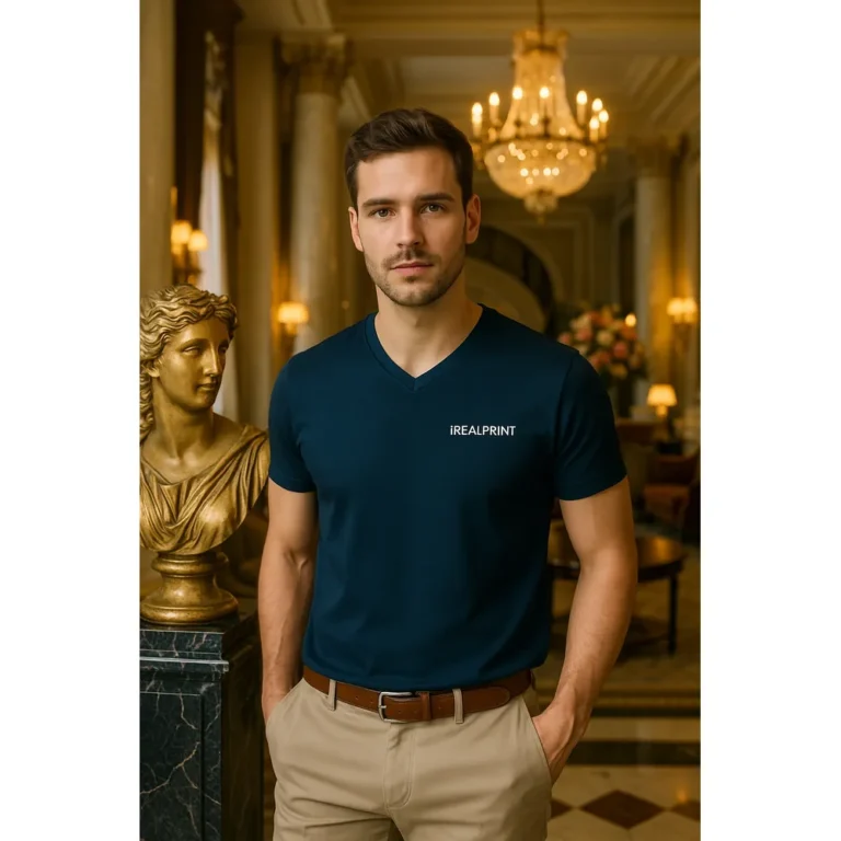 Bărbat purtând tricou navy cu anchior în V personalizat, look rafinat și apariție masculină elegantă