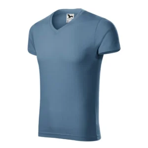 Perspectiva laterala tricou barbati denim cu anchior in V, evidentiere croiala masculina si proportii echilibrate