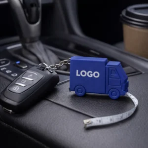 Breloc camion albastru personalizat folosit lângă chei auto, accesoriu promoțional util pentru șoferi și firme de transport