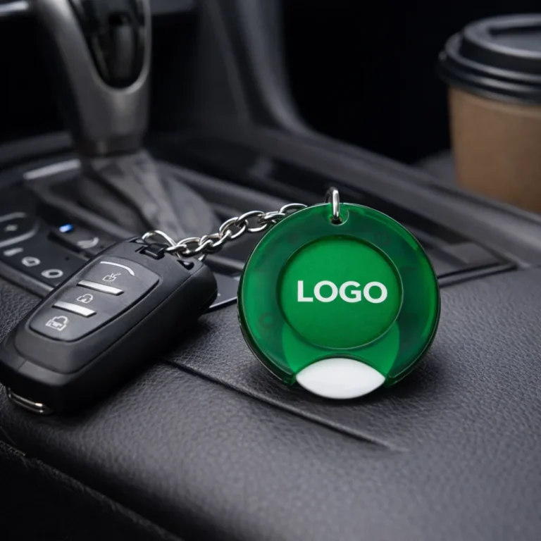 breloc promoțional verde cu fisă de cumpărături și logo, fotografie lifestyle în interior auto