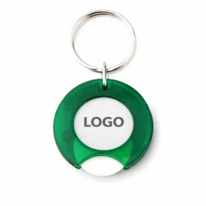 breloc cu fisă de cumpărături verde personalizat cu logo pe fundal alb, produs promoțional din plastic colorat