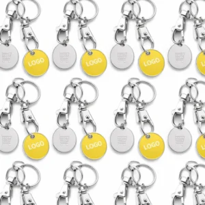 Breloc cu fisa metalica de cumparaturi personalizat galben, accesoriu promoțional intens vizibil pentru expunere rapida a brandului in supermarket