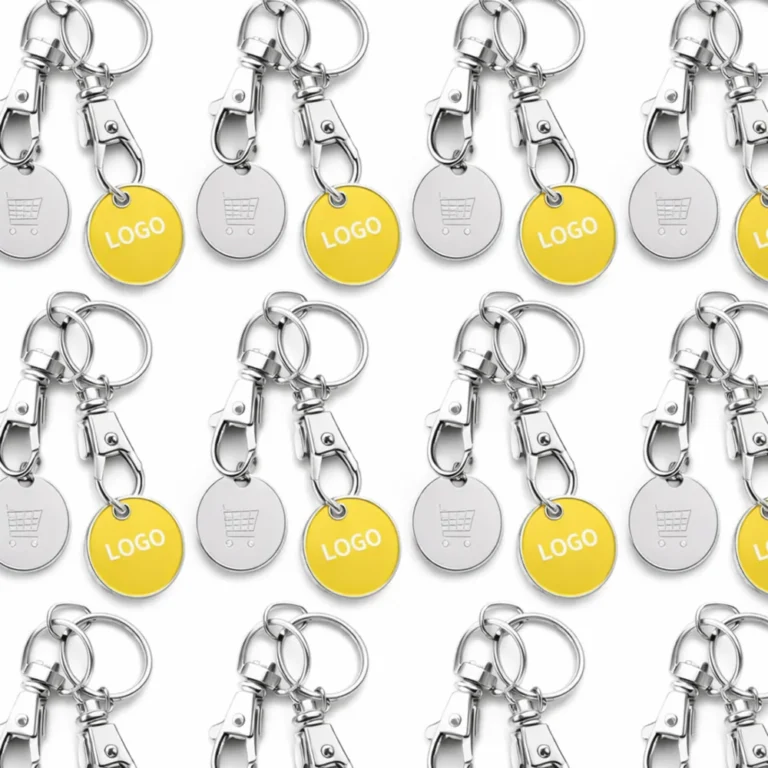 Breloc cu fisa metalica de cumparaturi personalizat galben, accesoriu promoțional intens vizibil pentru expunere rapida a brandului in supermarket