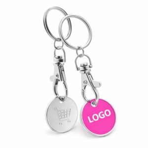 Breloc cu fisa metalica de cumparaturi personalizat roz, accesoriu metalic elegant cu design modern pentru branding distinct si memorabil