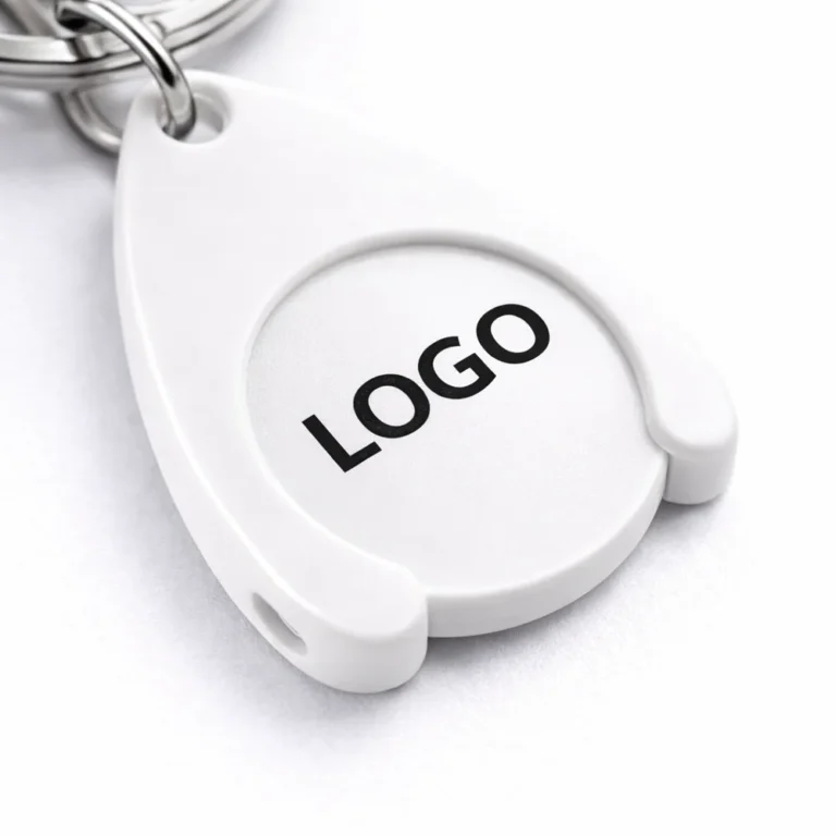 Prim-plan breloc cu fisă din plastic alb personalizat, detaliu print logo clar și suprafață optimă pentru personalizare promoțională