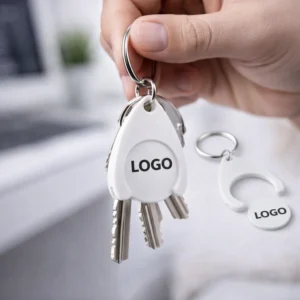 Breloc cu fisă din plastic alb personalizat utilizat pe chei, accesoriu promoțional funcțional pentru branding repetitiv în contexte reale