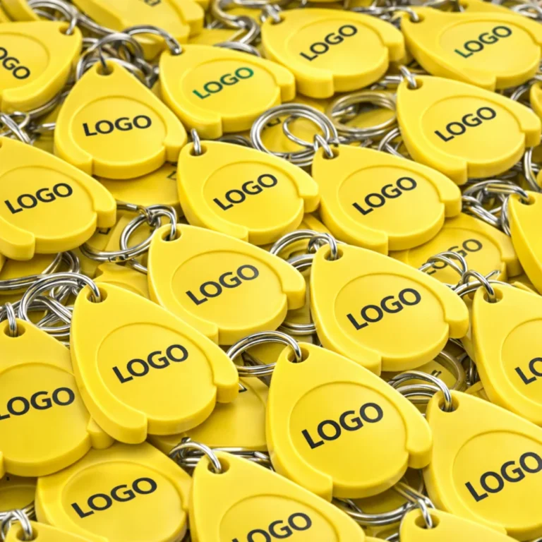 Brelocuri cu fisă din plastic galben pentru cărucior personalizat, prezentare bulk promoțională, ideale pentru distribuție largă și expunere repetată a brandului