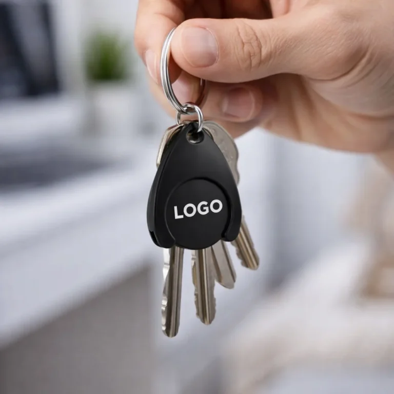 Breloc cu fisă din plastic negru personalizat folosit pe chei, exemplu real de utilizare zilnică pentru branding discret, elegant și expunere repetată a logo-ului