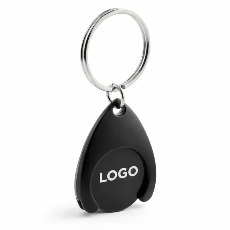 Breloc cu fisă din plastic pentru cărucior personalizat negru, produs izolat cu inel metalic, design sobru și profesional pentru branding corporate și utilizare zilnică