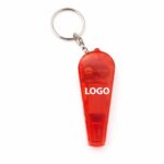 Detaliu close-up breloc roșu cu fluier și lanternă, plastic transparent și personalizare logo clară, ideal pentru branding cu impact vizual puternic