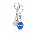 Breloc metalic albastru cu fisa pentru carucior, suprafata personalizabila prin gravura laser sau print color, finisaj premium si rezistent