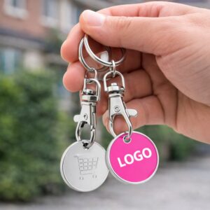 Breloc roz cu fisa metalica pentru carucior prins de chei, obiect promotional utilizat zilnic in supermarket pentru vizibilitate constanta